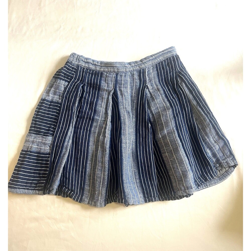 Ace & Jig Patchwork Pleated Mini Skirt M Medium Blue Indigo Stripe Cotton Linen